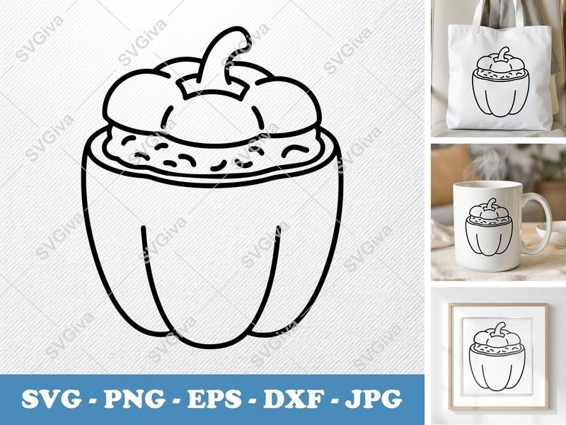 Stuffed Peppers SVG | Outline Food Line Art | Filled Bell Pepper PNG, EPS, DXF for Cricut, Silhouette | Kitchen Decor