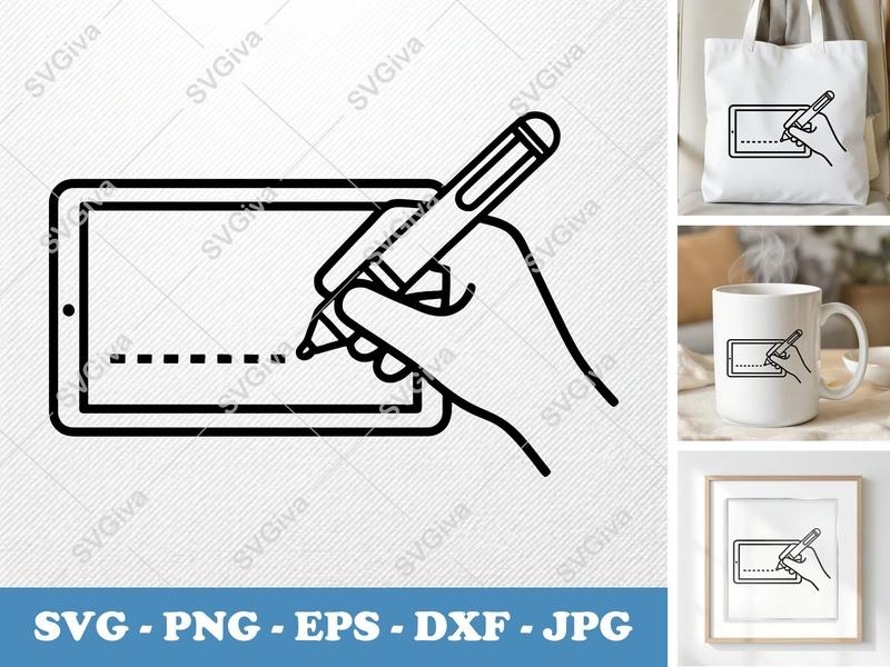 Stylus in active use SVG with Tablet, Hand, Writing | PNG EPS DXF | Cricut Silhouette File, Digital Pen Icon, Workspace Clipart
