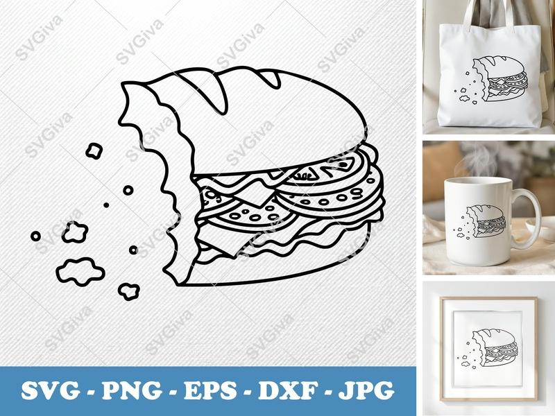 Sub Sandwich SVG | Bitten Hoagie Cut File, Deli Food PNG, EPS, DXF for Cricut & Silhouette, Snack Vector Art