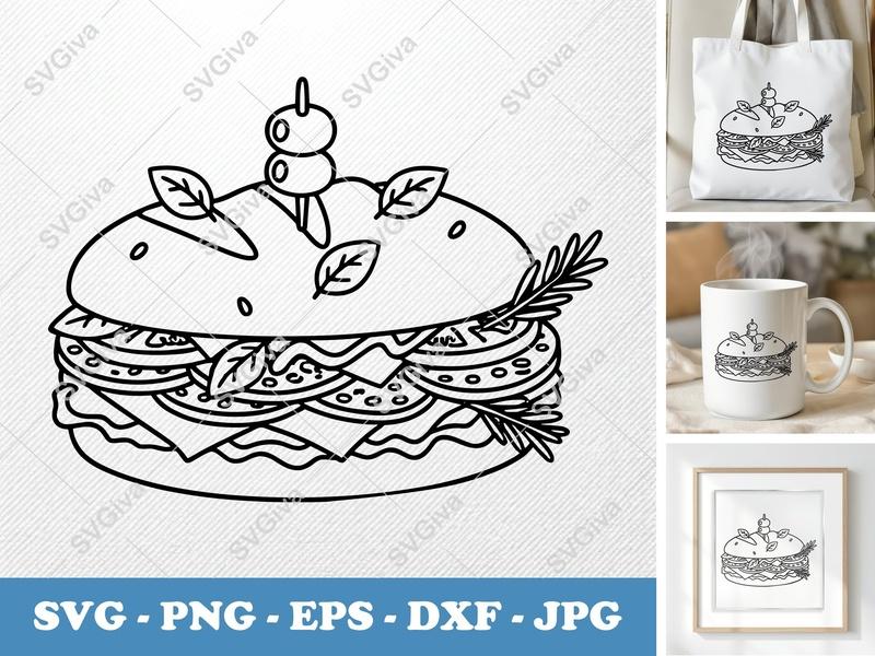 Sub Sandwich SVG | Deli Hoagie Clip Art with Olives & Herbs | PNG EPS DXF | Cricut Silhouette File | Food Design