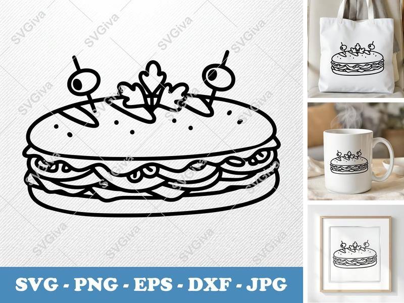 Sub Sandwich SVG | Deli Hoagie Clip Art with Olives & Parsley | PNG EPS DXF for Cricut & Silhouette Food Cut File