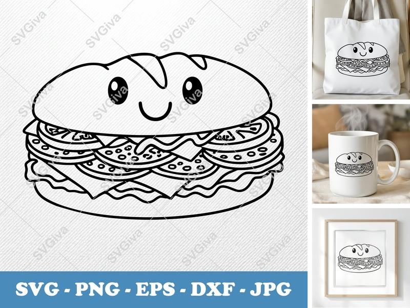 Sub Sandwich SVG | Kawaii Happy Food Clipart | Outline Cut File for Cricut, Silhouette | PNG EPS DXF Vector Art