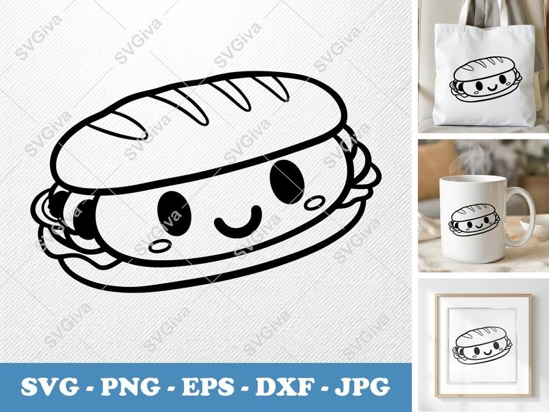 Sub Sandwich SVG | Kawaii Happy Food Clipart | PNG EPS DXF | Cricut Silhouette Cut File, Cute Deli Submarine