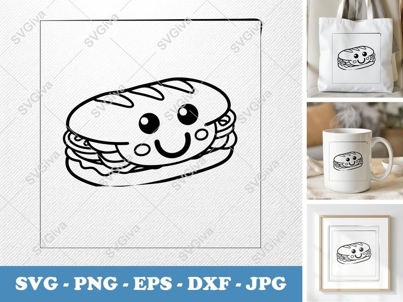Sub Sandwich SVG | Kawaii Happy Food Clipart | PNG EPS DXF | Cricut Silhouette Cut File | Cute Lunch Vector Art