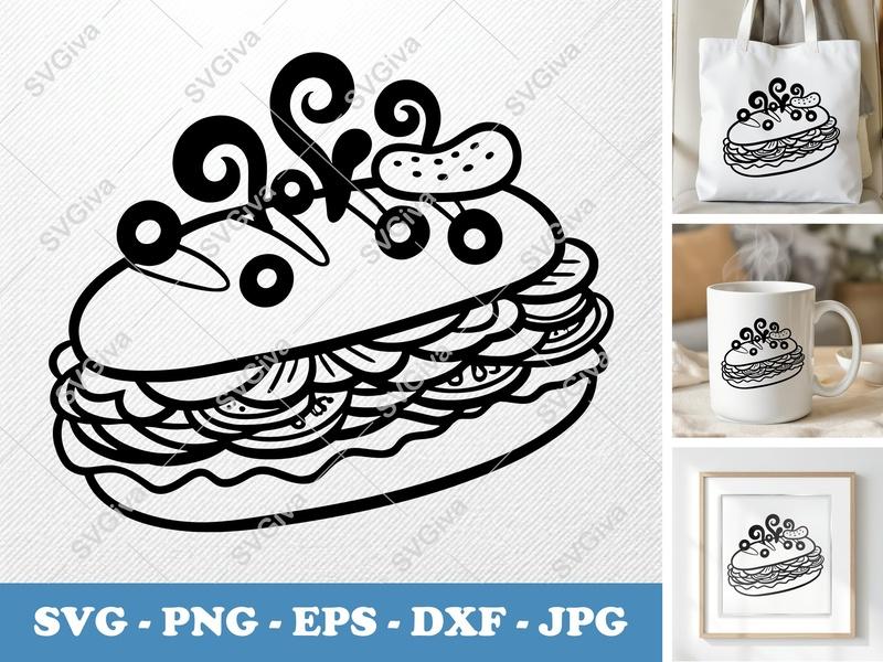 Sub Sandwich SVG | Line Art Food Clipart | Pickle & Olives | PNG EPS DXF | Cricut Silhouette File