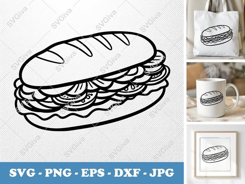 Sub Sandwich SVG | Minimalist Deli Hoagie Cut File | PNG EPS DXF for Cricut & Silhouette | Food Vector Clipart