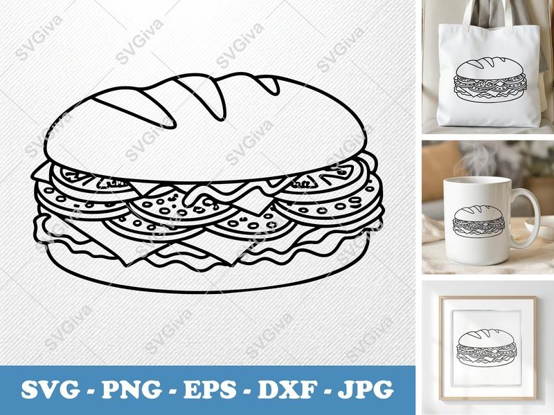 Sub Sandwich SVG | Outline Cut File, Deli Hoagie Line Art, Food Clipart | PNG EPS DXF for Cricut & Silhouette