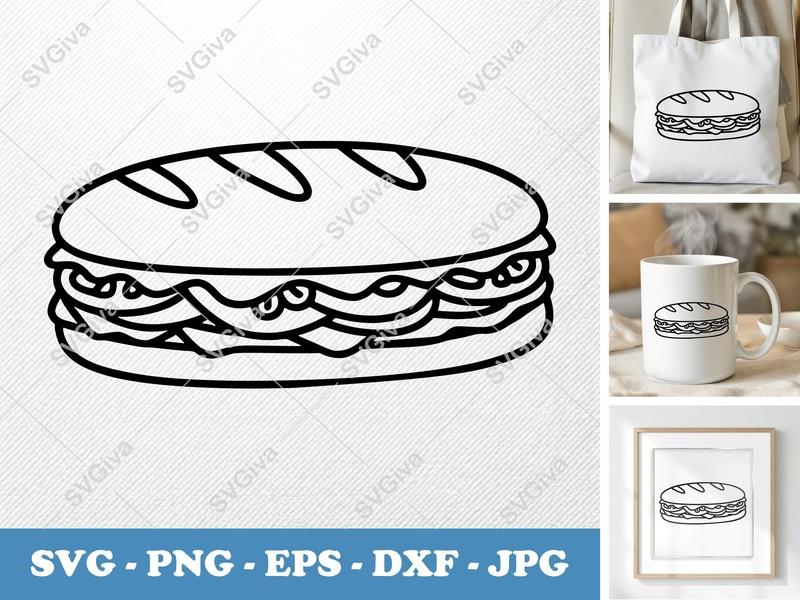 Sub Sandwich SVG | Outline Cut File | Modern Food Clipart | PNG EPS DXF | Cricut & Silhouette Design for Crafts