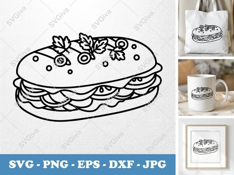 Sub Sandwich with Garnish SVG | Friendly Bean-Shaped Cut File | PNG DXF EPS | Cricut Silhouette Kitchen Decor
