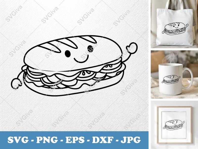 Sub Sandwich with Smiling Face SVG | Friendly Rounded Bean-Shaped Cut File | PNG DXF EPS for Cricut Silhouette