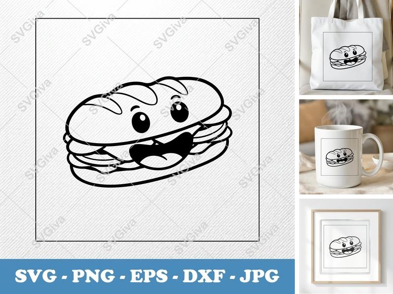 Sub Sandwich with Smiling Face SVG PNG DXF EPS | Food Cut File Cricut Silhouette | Kawaii Vector Design