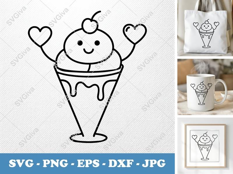 Sundae SVG | Cute Ice Cream with Hearts & Cherry | PNG EPS DXF for Cricut & Silhouette | Kawaii Dessert Cut File