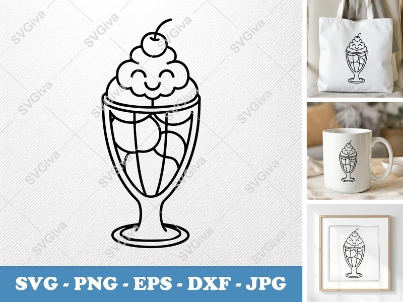 Sundae SVG | Cute Kawaii Ice Cream Dessert with Cherry | PNG EPS DXF for Cricut & Silhouette | Food Sweet Treat Cut File