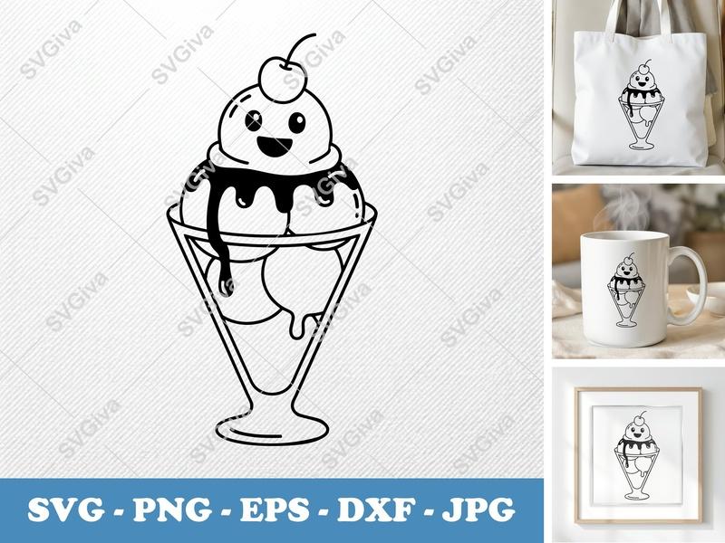 Sundae SVG | Cute Kawaii Ice Cream with Cherry | Digital Download PNG EPS DXF for Cricut Silhouette