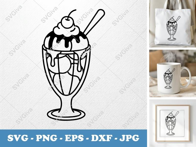 Sundae SVG | Ice Cream, Dessert, Cherry, Spoon | PNG EPS DXF | Cricut Silhouette File | Sweet Treat Clipart