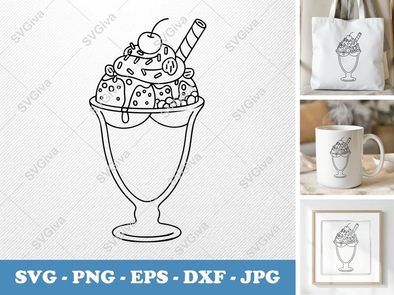 Sundae SVG | Ice Cream Dessert, Cherry, Sprinkles, Wafer | PNG EPS DXF | Cricut Silhouette Cut File