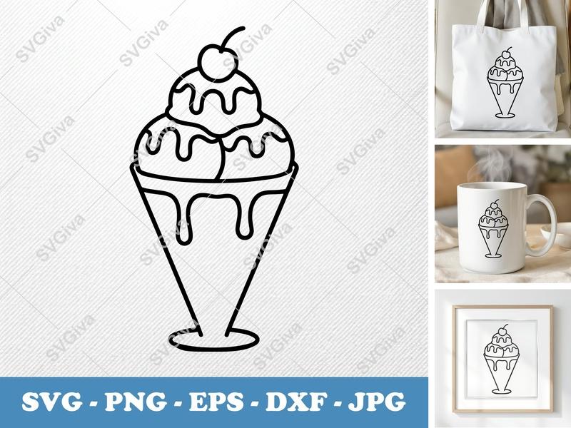 Sundae SVG | Ice Cream Dessert, Cherry Topping | PNG EPS DXF for Cricut, Silhouette | Sweet Treat Cut File