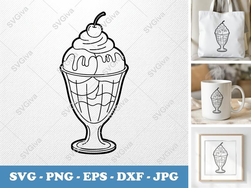 Sundae SVG | Ice Cream Dessert Clipart, Cherry Topping | PNG EPS DXF for Cricut & Silhouette, Sweet Treat Vector