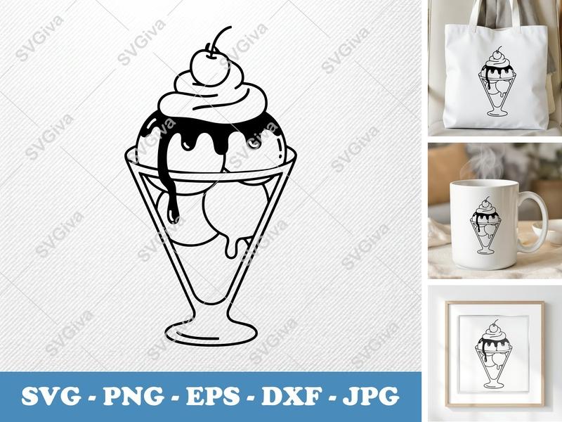 Sundae SVG | Ice Cream Dessert Cut File, Cherry Topping | PNG EPS DXF | Cricut Silhouette File, Food Clipart