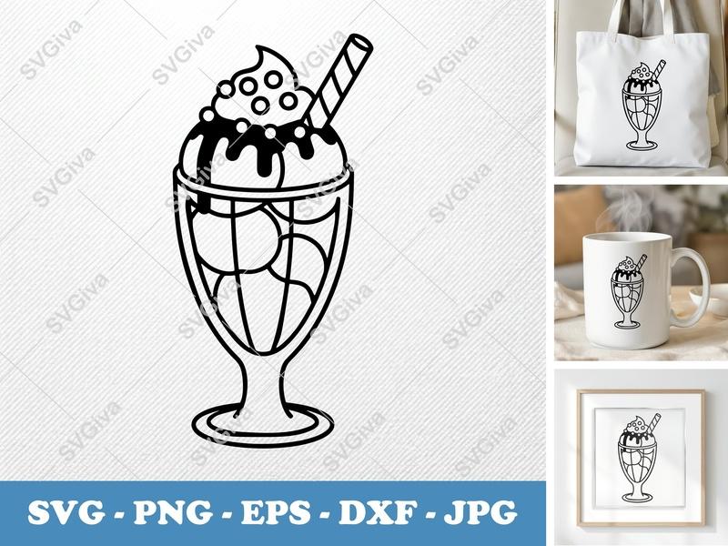 Sundae SVG | Ice Cream Dessert Cut File | Whipped Cream, Cherry, Straw | PNG EPS DXF | Cricut Silhouette File