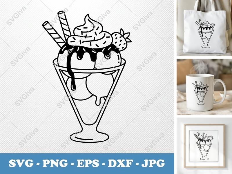 Sundae SVG | Ice Cream Dessert, Waffle Sticks, Strawberry | PNG EPS DXF for Cricut & Silhouette | Sweet Treat Cut File