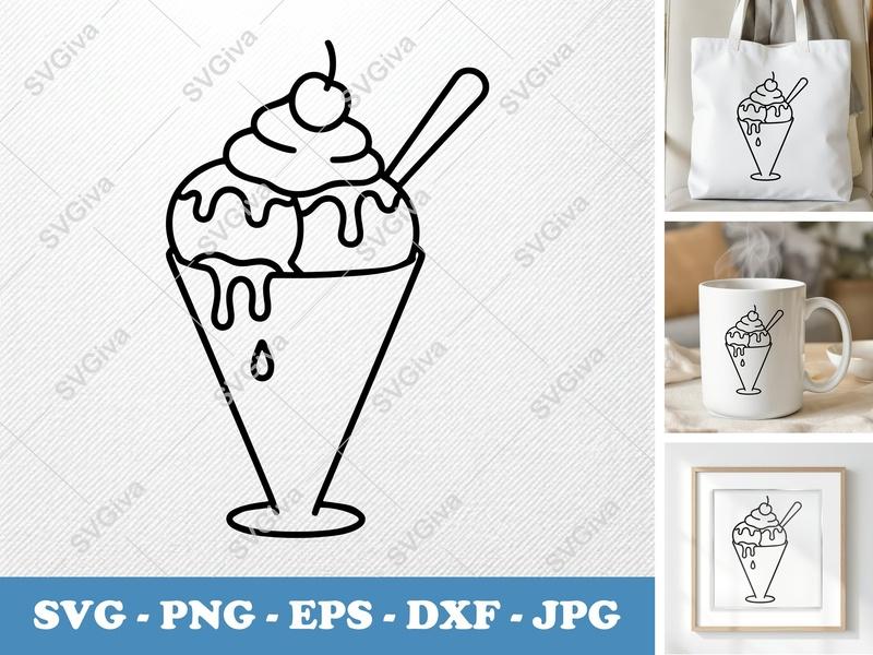 Sundae SVG | Ice Cream Scoop, Cherry, Spoon | Dessert Treat PNG EPS DXF | Cricut Silhouette Cut File | Sweet Food Clipart