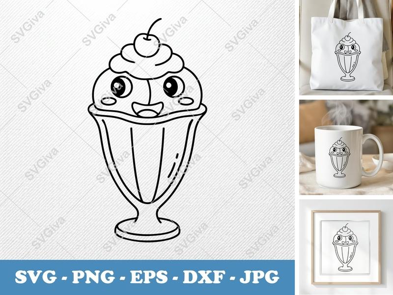 Sundae SVG, Kawaii Ice Cream Dessert Cut File, Cute Food Clipart | PNG EPS DXF for Cricut & Silhouette