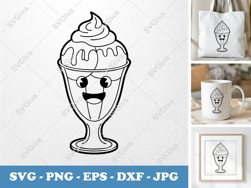 Sundae SVG | Kawaii Ice Cream Dessert Cut File | Face | PNG, EPS, DXF for Cricut & Silhouette | Happy Sweet Treat