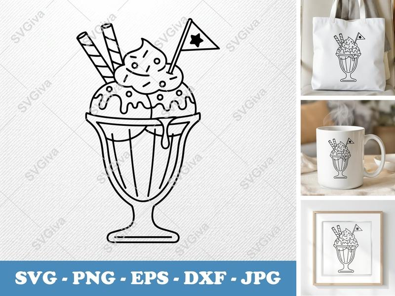 Sundae with Garnish SVG | Double-Outline Thick Contour Minimalist Design | PNG DXF EPS | Cricut Silhouette | Sweet Treat