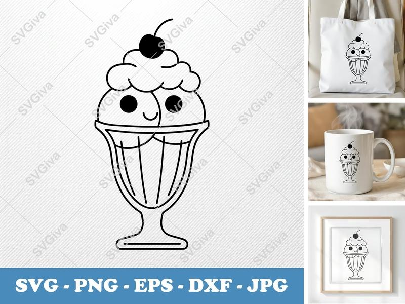 Sundae with smiling face SVG | Double-Outline Minimalist Design | PNG DXF EPS | Cricut Silhouette File