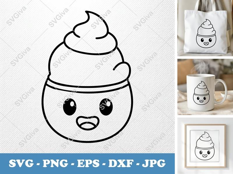 Sundae with Smiling Face SVG, Puffy Kawaii Design | PNG DXF EPS | Cricut Silhouette File