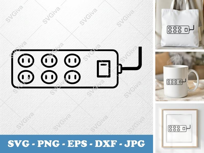 Surge Protector SVG | Modern 6-Outlet Power Strip with Switch, Cord | PNG EPS DXF for Cricut, Silhouette