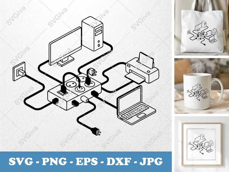 Surge Protector SVG | Modern Clean Power Strip with Computer, Printer, Laptop | PNG EPS DXF for Cricut & Silhouette