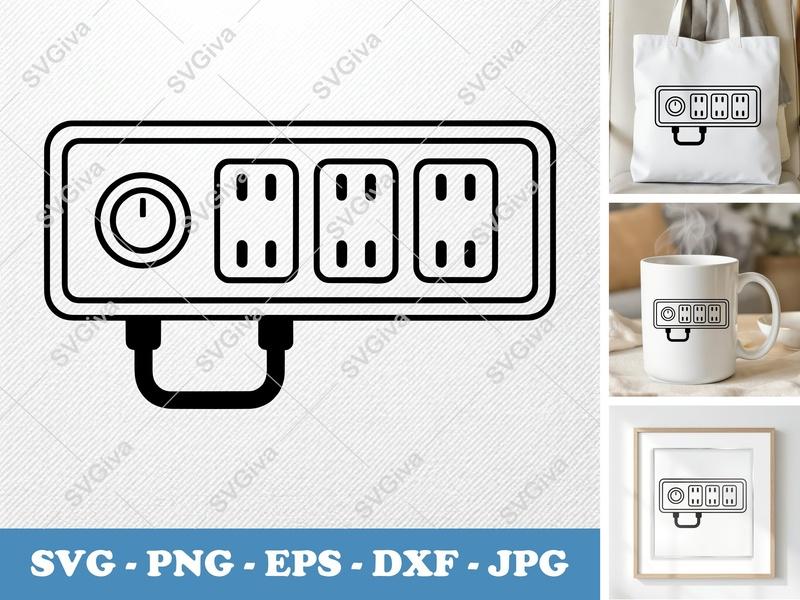 Surge Protector SVG | Modern Power Strip Cut File | 3 Outlets, Power Button | PNG EPS DXF for Cricut Silhouette