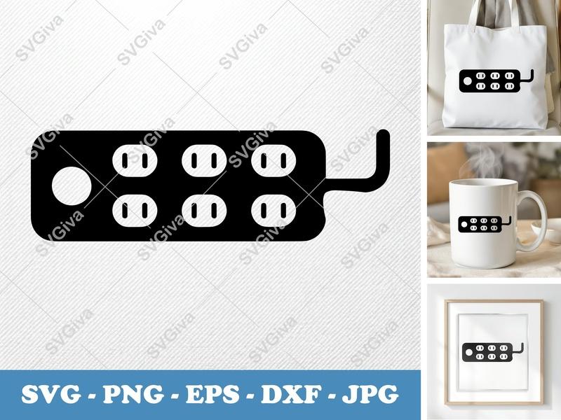 Surge Protector SVG | Modern Power Strip Cut File | 6 Outlets, Button, Cord | PNG EPS DXF for Cricut Silhouette