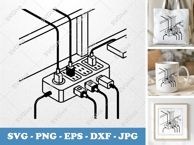 Surge Protector SVG | Modern Power Strip Cut File | PNG EPS DXF for Cricut Silhouette, Desk Gadget Clipart