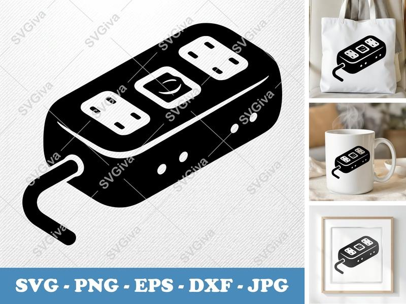 Surge Protector SVG | Modern Power Strip Cut File with Outlets & Switch | PNG EPS DXF for Cricut Silhouette