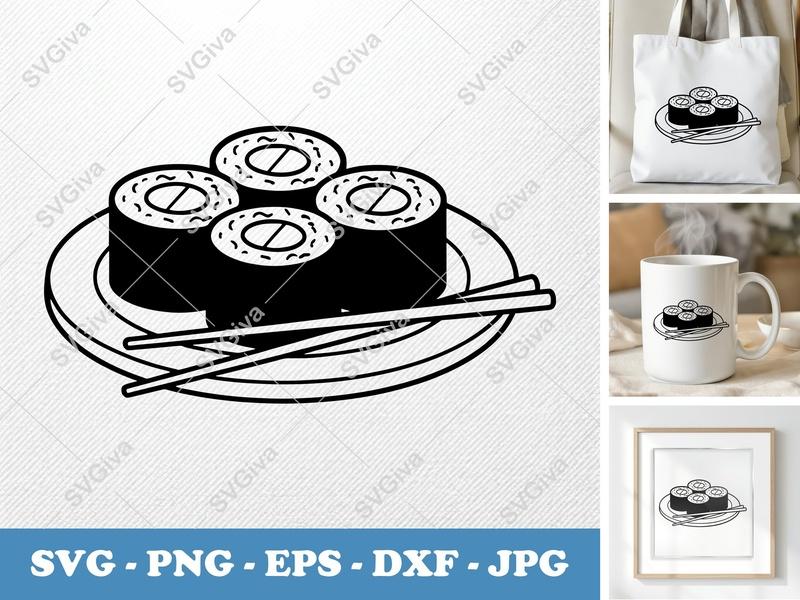 Sushi on a Plate SVG | Minimalist Character Design | Bold Contour Cut File for Cricut, Silhouette | PNG DXF EPS