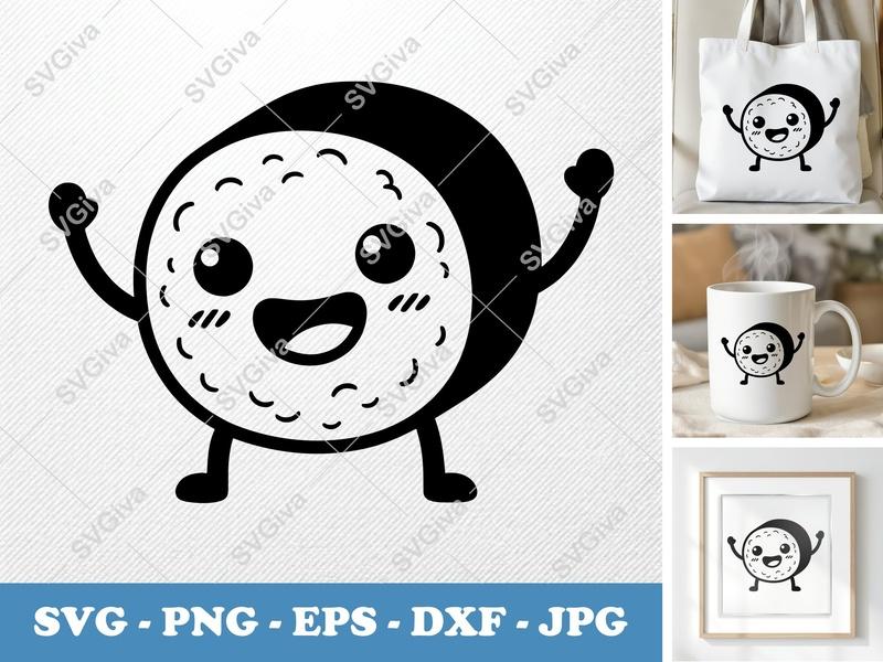 Sushi with Smiling Face SVG | Kawaii Cartoon Black Contour White Fill | PNG DXF EPS | Cricut Silhouette Cut File