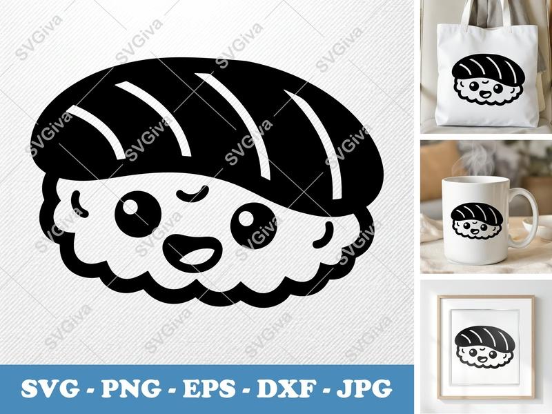 Sushi with Smiling Face SVG | Puffy Cartoon Sushi Cut File | Kawaii Food Clipart | PNG DXF EPS | Cricut Silhouette Design