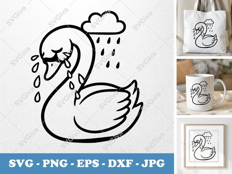 Swan Crying SVG | Sad Bird Cut File with Rain Cloud | PNG EPS DXF for Cricut Silhouette, Emotional Fowl Art