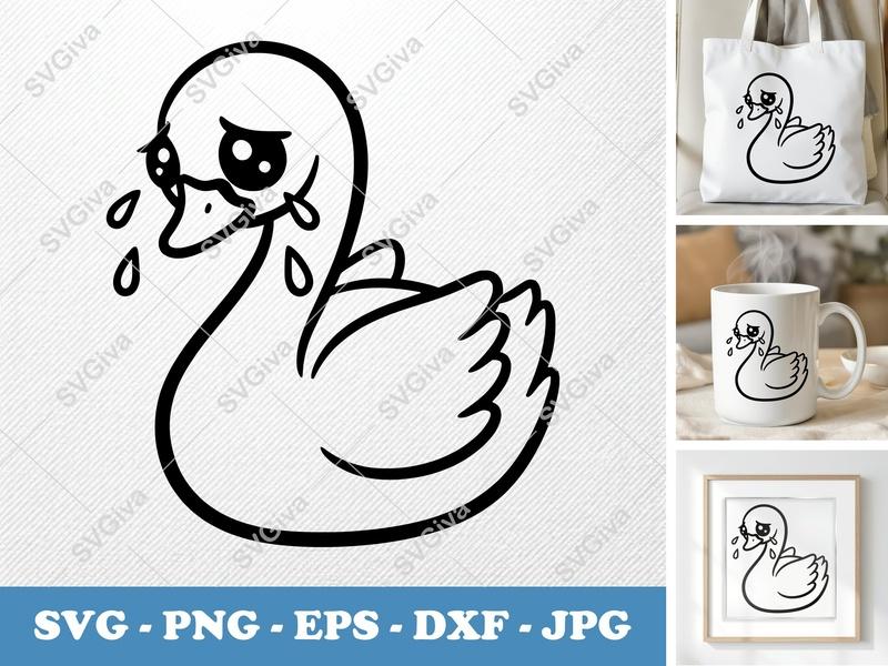 Swan Crying SVG | Sad Kawaii Bird PNG EPS DXF | Cute Waterfowl Vector Art for Cricut & Silhouette | Emotional Animal Cut File