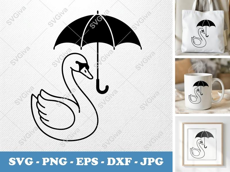 Swan Holding Umbrella SVG | Minimalist Bold Contour Cut File | PNG DXF EPS | Cricut Silhouette Vector Art