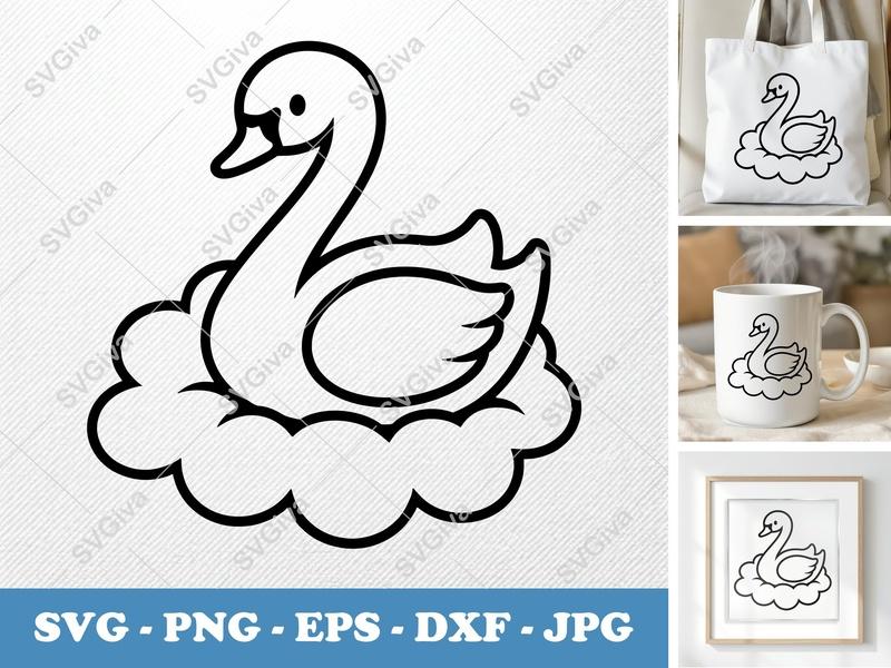 Swan on Cloud SVG | Cartoon Bird Cut File | Kids Nursery Decor | PNG EPS DXF for Cricut, Silhouette