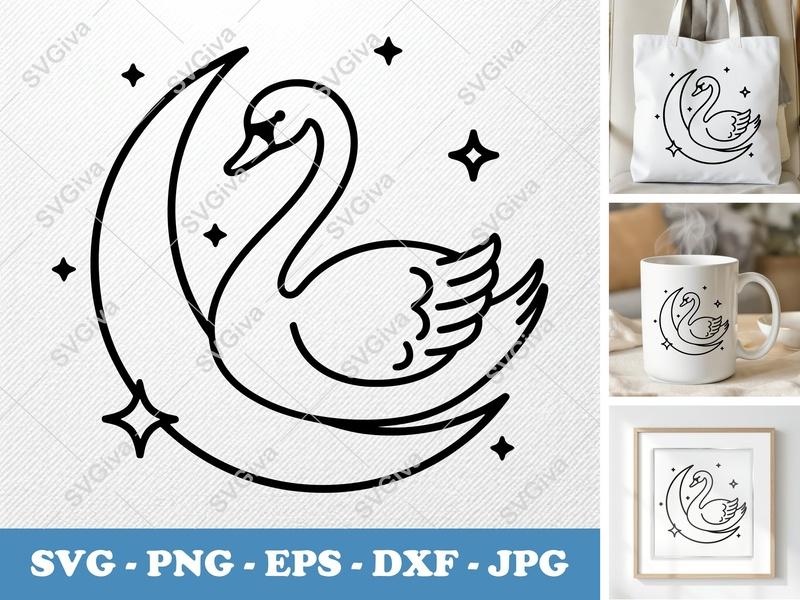 Swan on Moon SVG | Celestial Bird Cut File PNG EPS DXF | Modern Outline Design for Cricut, Silhouette