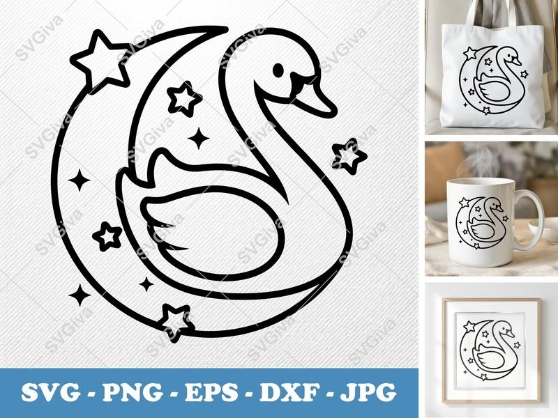 Swan on Moon SVG | Starry Night Swan Cut File | Modern Celestial Design | PNG, EPS, DXF for Cricut, Silhouette