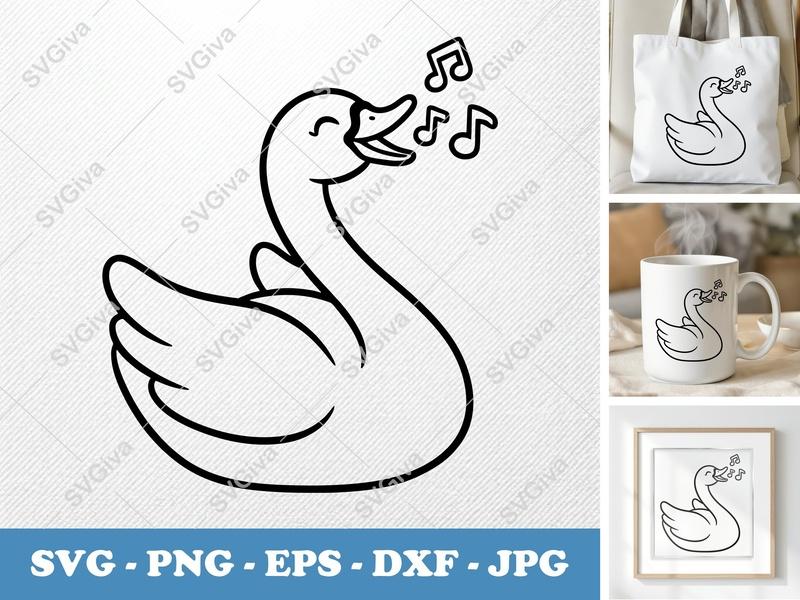 Swan Singing SVG | Music Notes PNG EPS DXF | Happy Bird Cut File Cricut Silhouette | Cartoon Animal Clipart