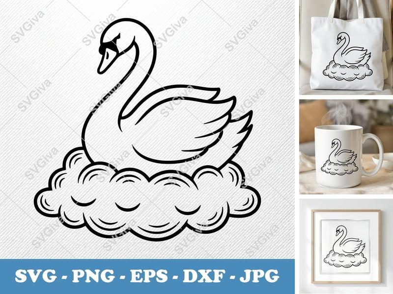 Swan Sitting on a Cloud SVG | Bold Contour, Clean Fill Cut File | PNG DXF EPS | Cricut Silhouette | Minimalist Bird Design
