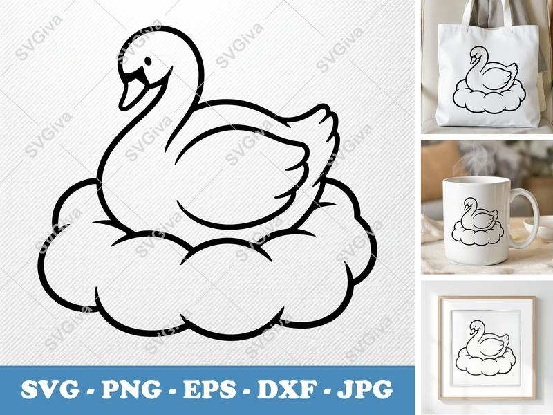 Swan Sitting on Cloud SVG | Puffy Dreamy Shapes | PNG DXF EPS | Cricut Silhouette Cut File