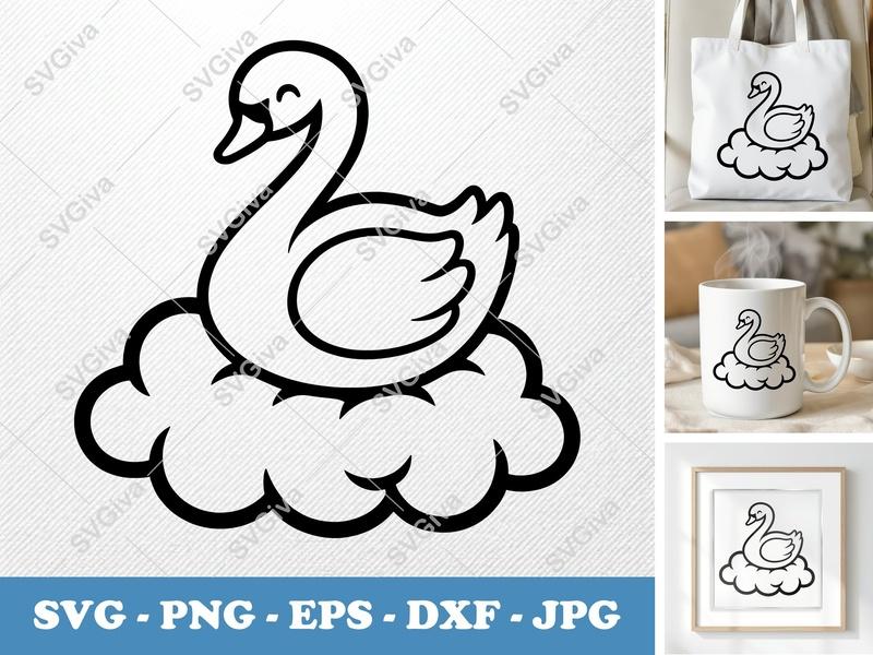 Swan Sitting on Cloud SVG | Rounded Friendly Bean-Shaped Design | PNG DXF EPS | Cricut Silhouette File